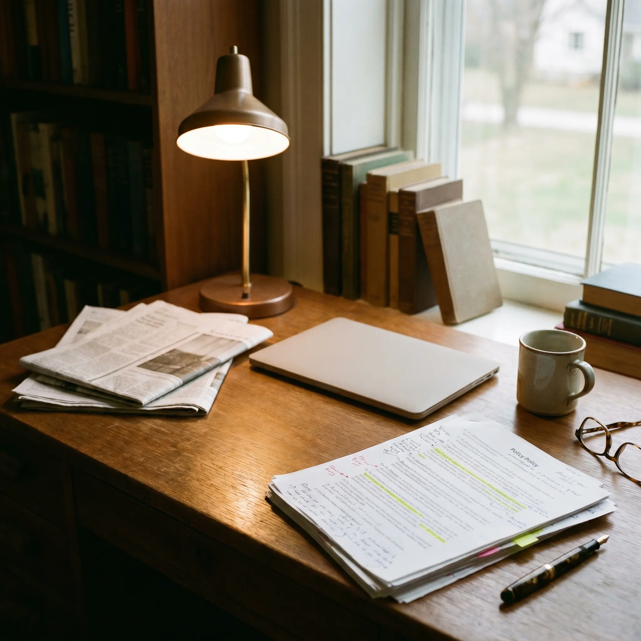 Article desk with policy documents, newspapers, and a warm reading lamp