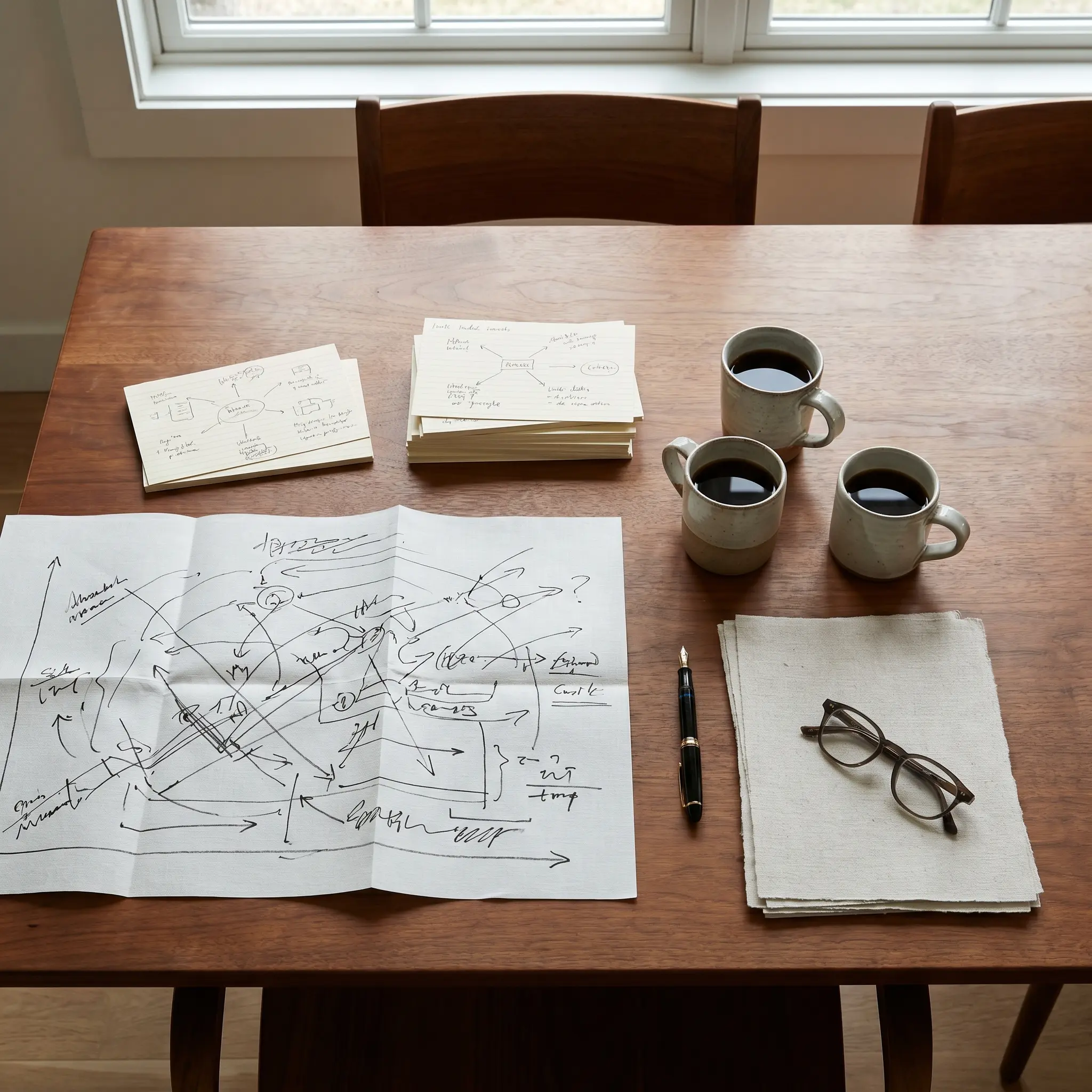 Morning briefing table with notes, charts, and careful editorial materials