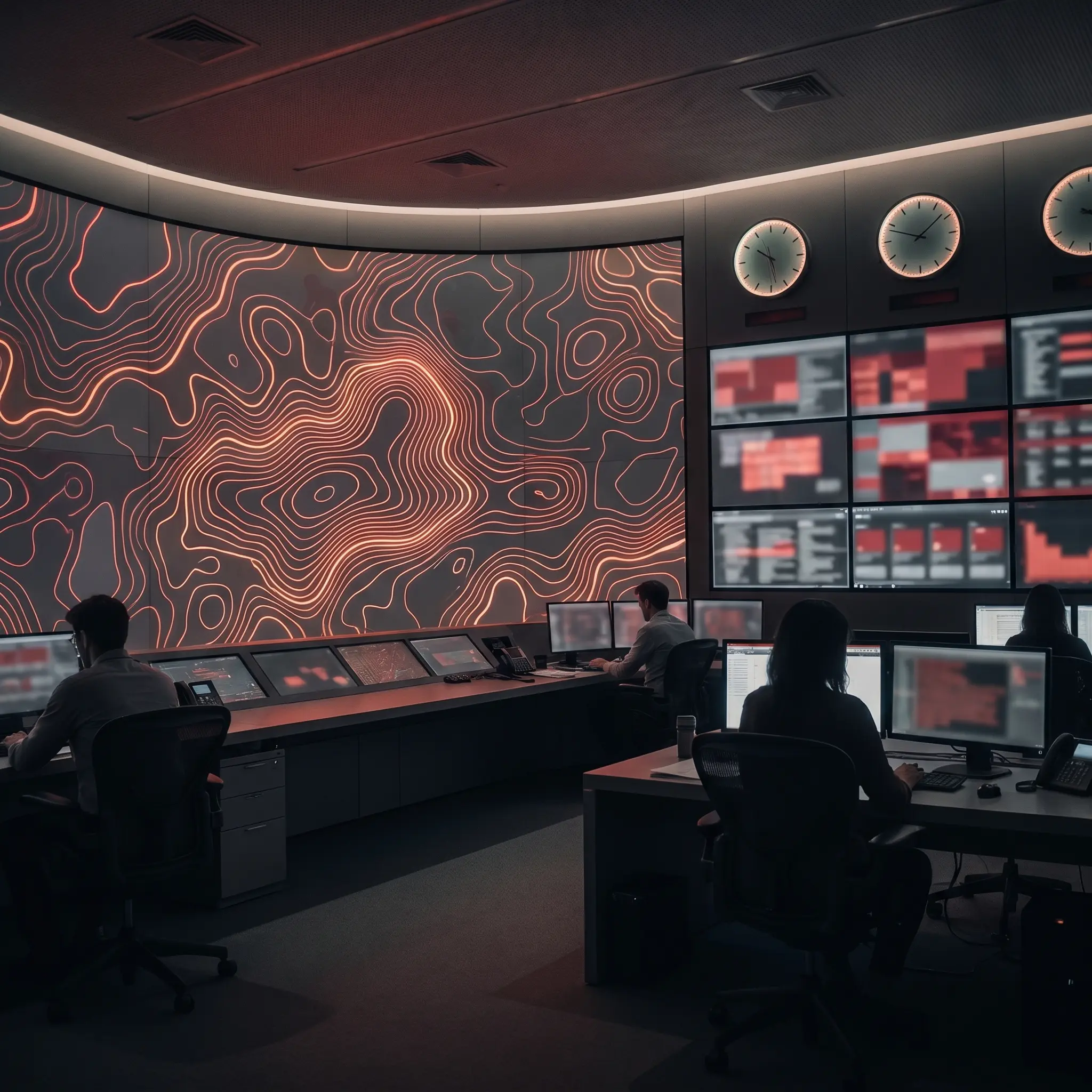 Global dispatch wall in an editorial studio with map contours and abstract monitors