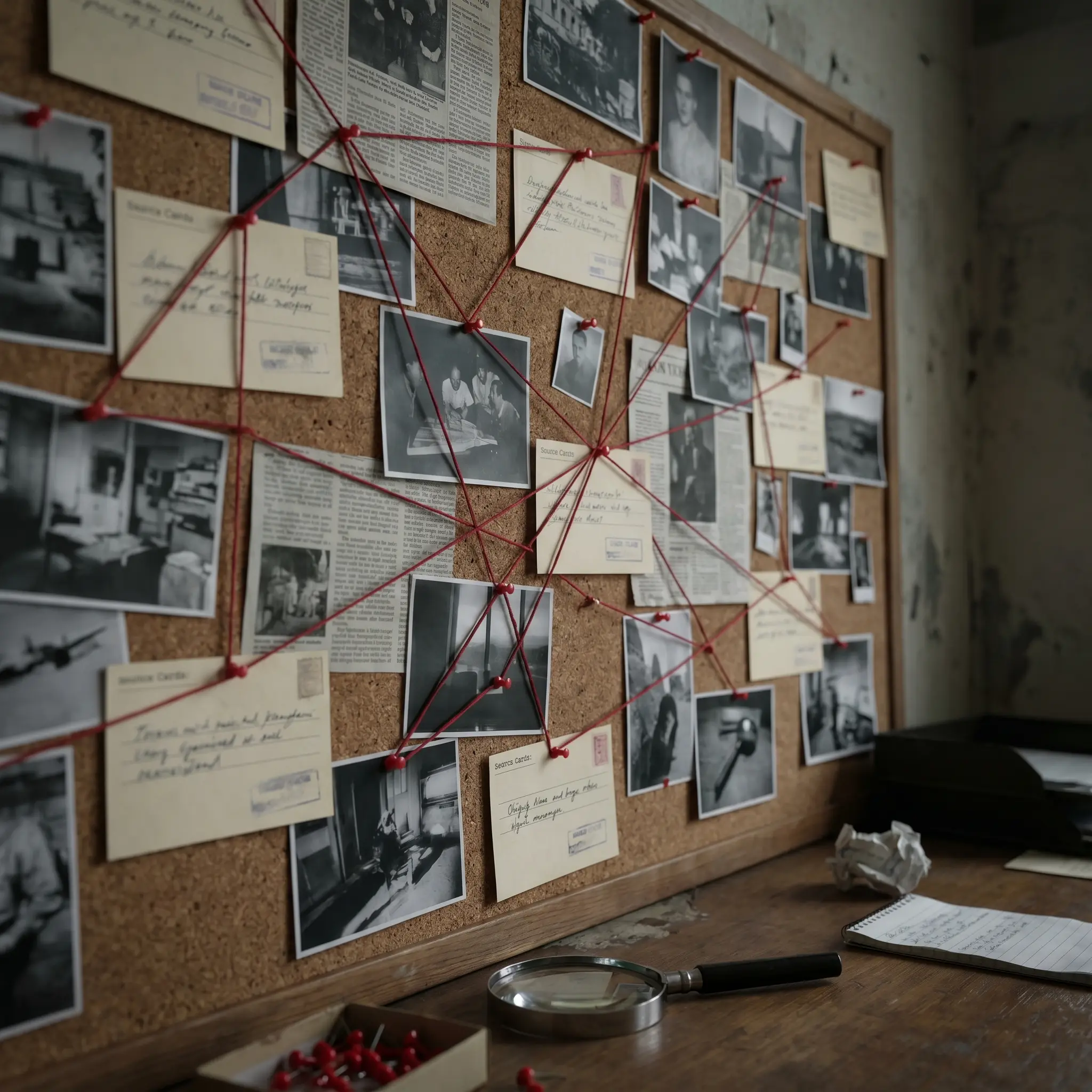 Fact checking wall with pinned photographs, source cards, and verification marks